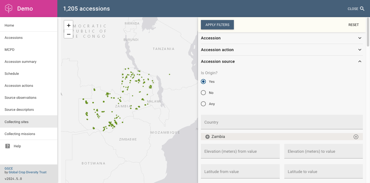 Map of collecting sites