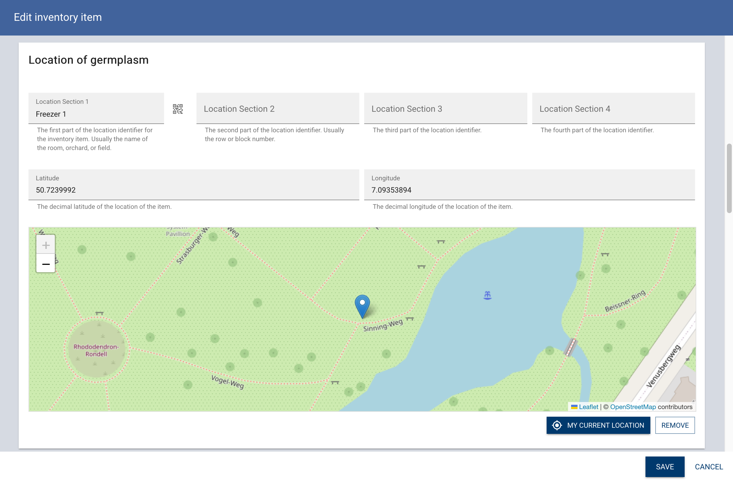 Coordinate map picker on an inventory form