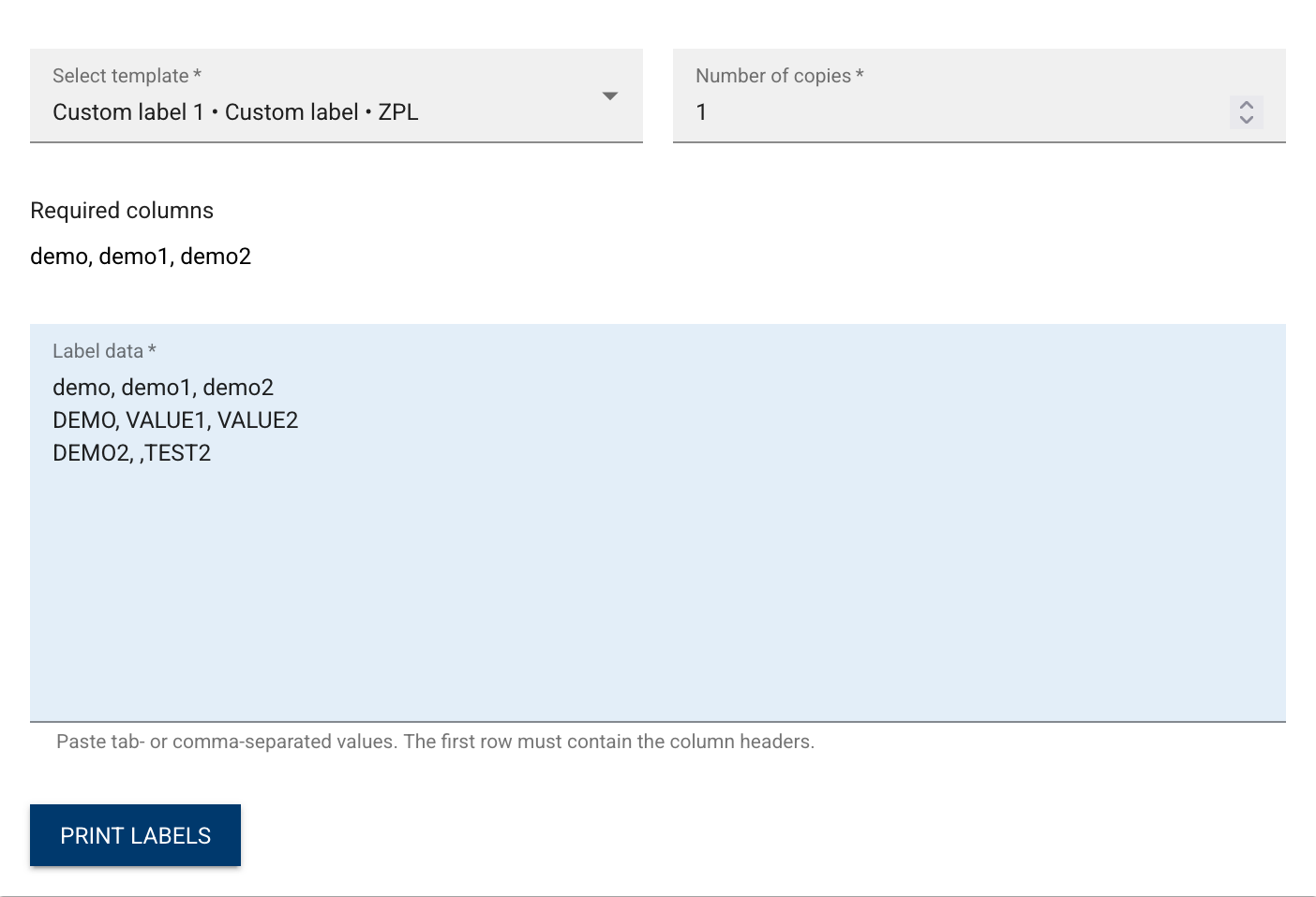Custom labels form with a selected template, required columns listed, and comma-separated label data pasted into the data area.