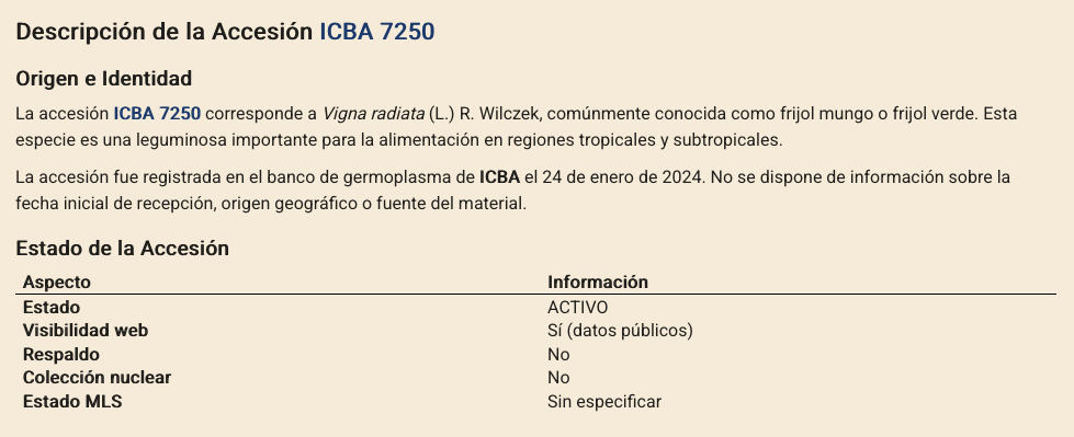 Accession description in Spanish