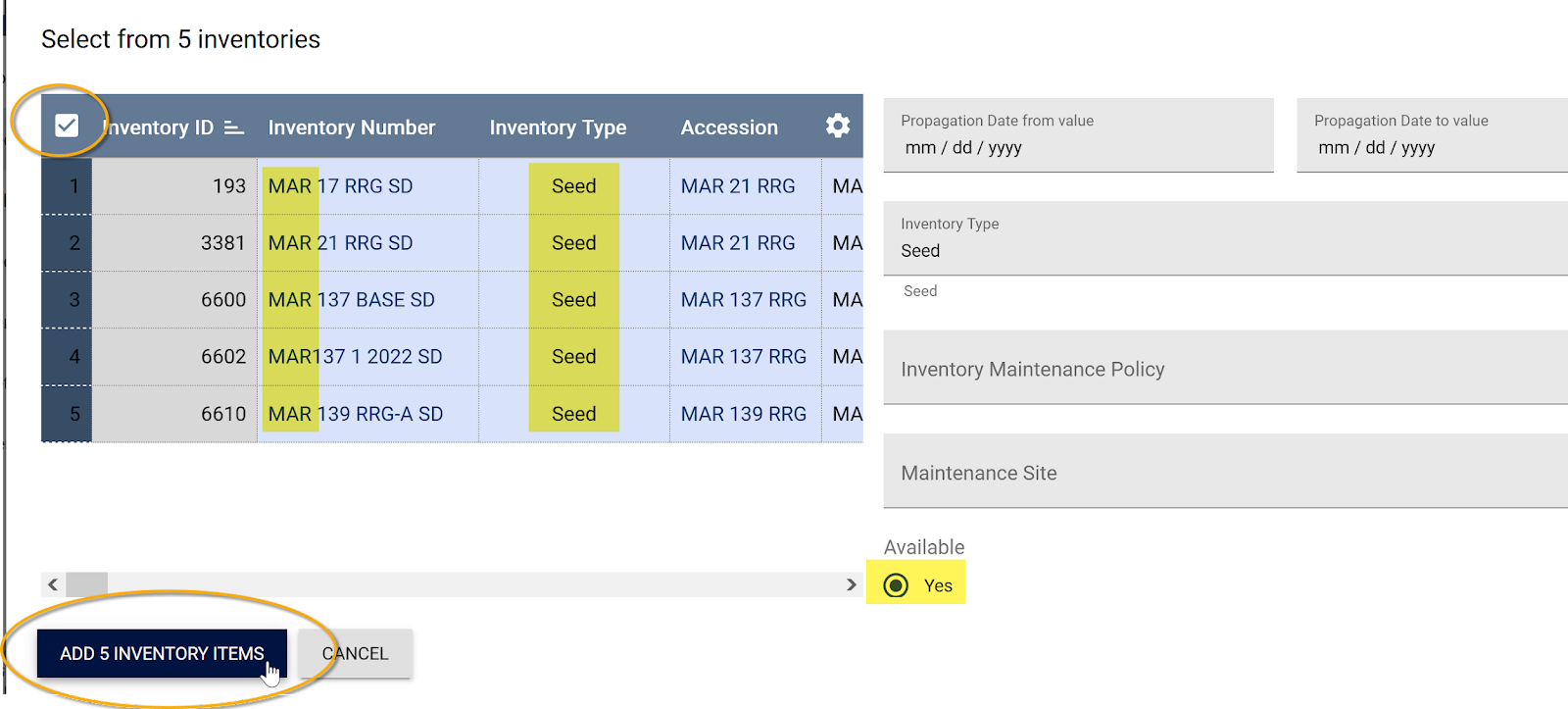 Selecting inventories to add