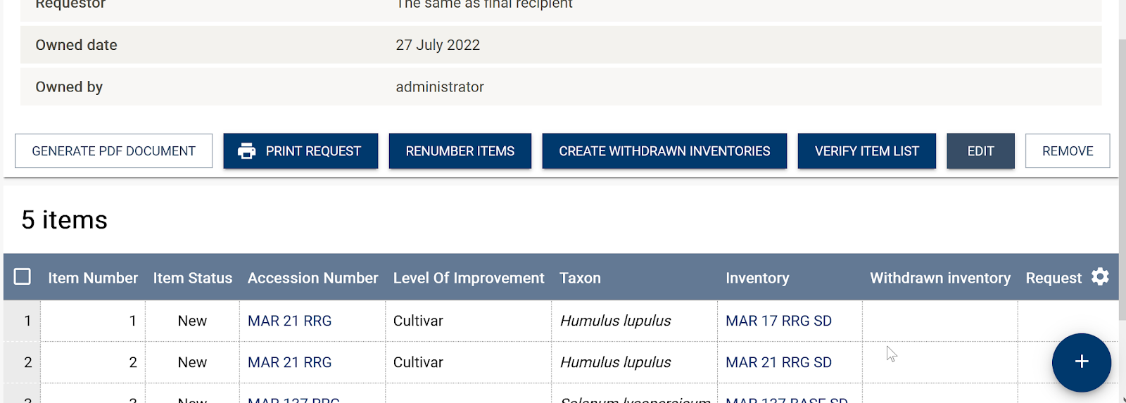 Selected inventories added to request