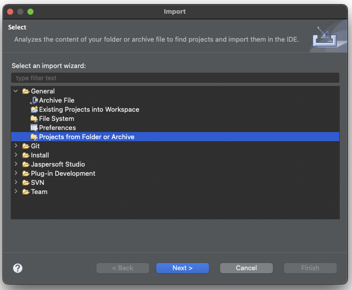 Expand General category and select Import Projects from Folder or Archive