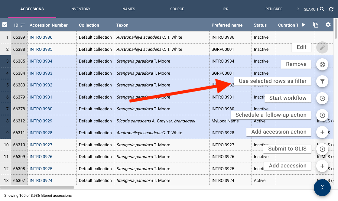 Focus on selected accessions