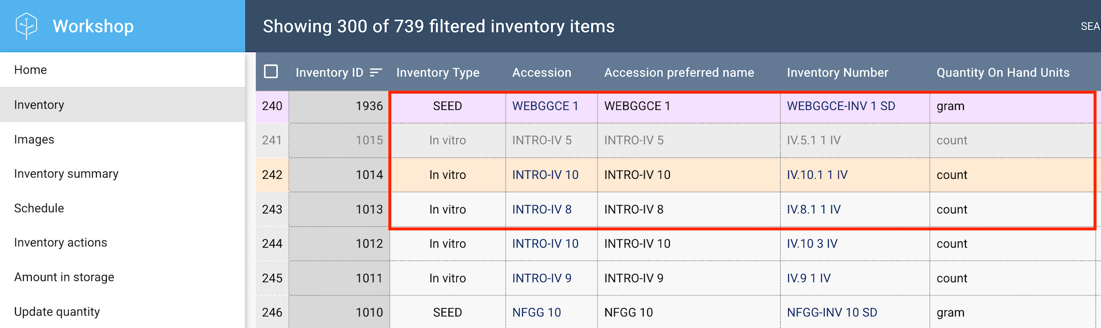 Inventory table with different highlights