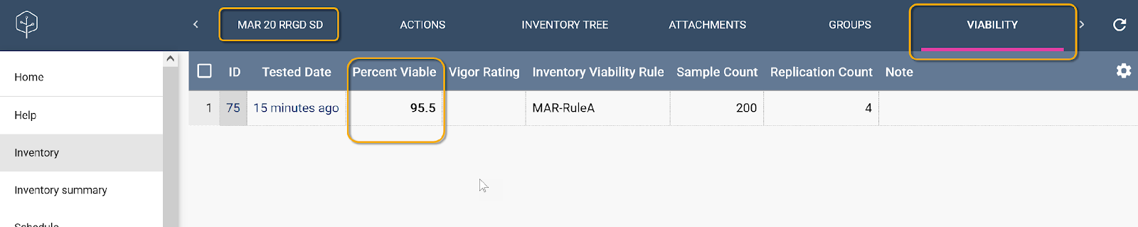 Test results for inventory item