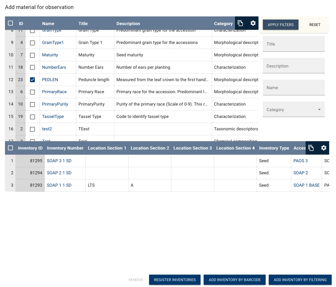 Form to select traits and material to observe