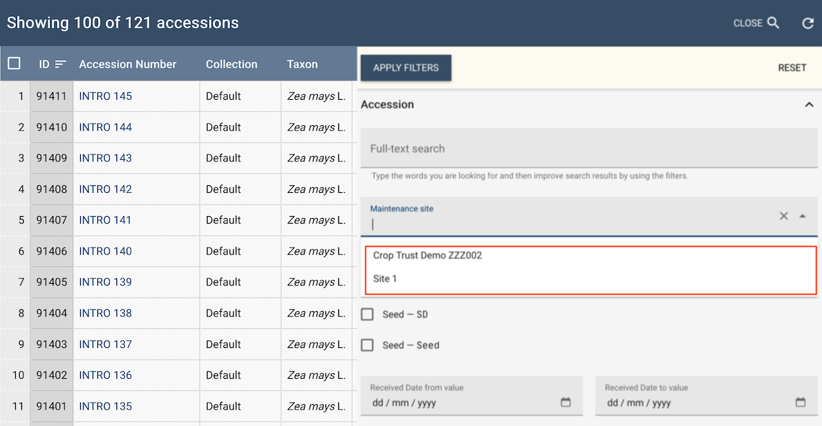 Only sites with read permission are shown