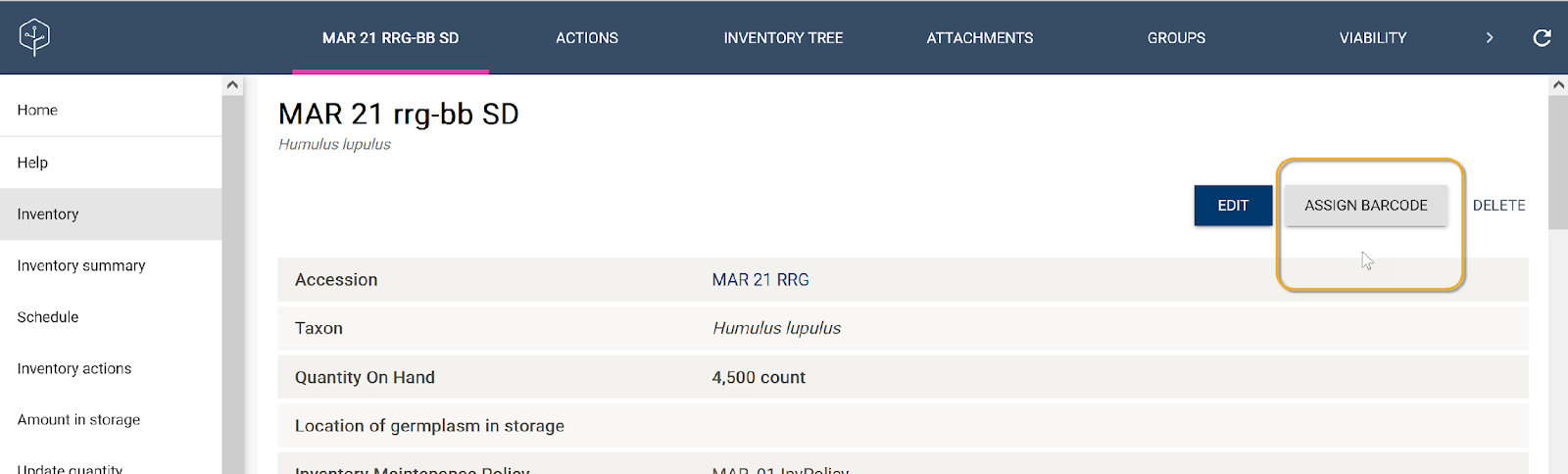 Assigning barcode to germplasm