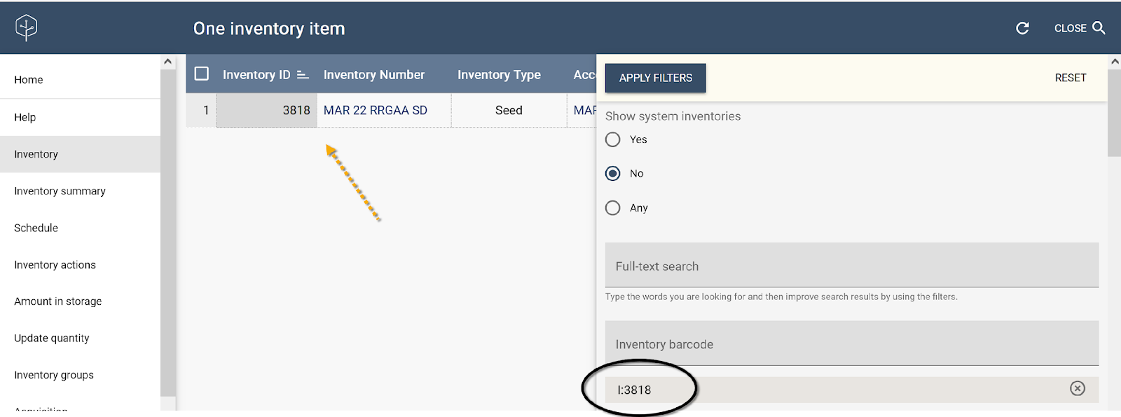 Barcode inventory filter