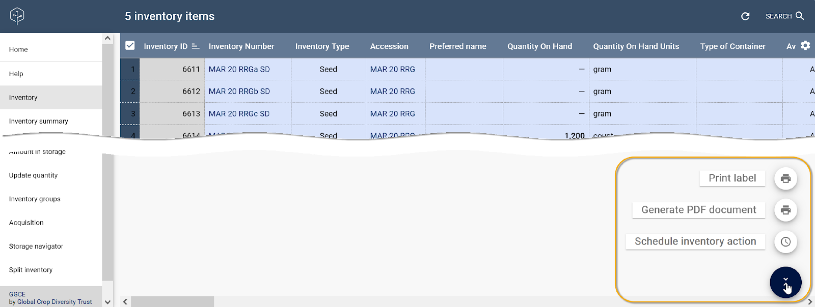 Actions for multiple selected rows