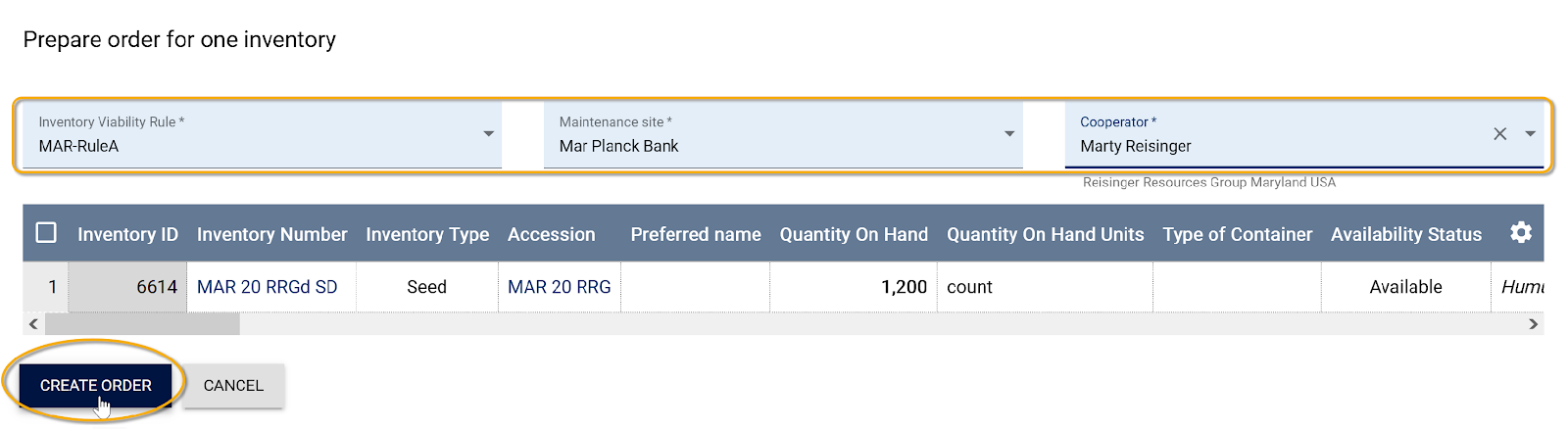 Create order for viability test