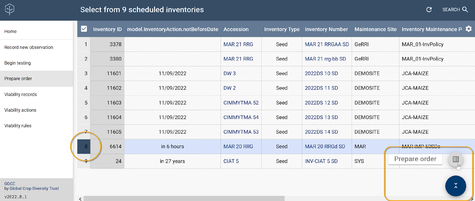 List of germplasm scheduled for testing