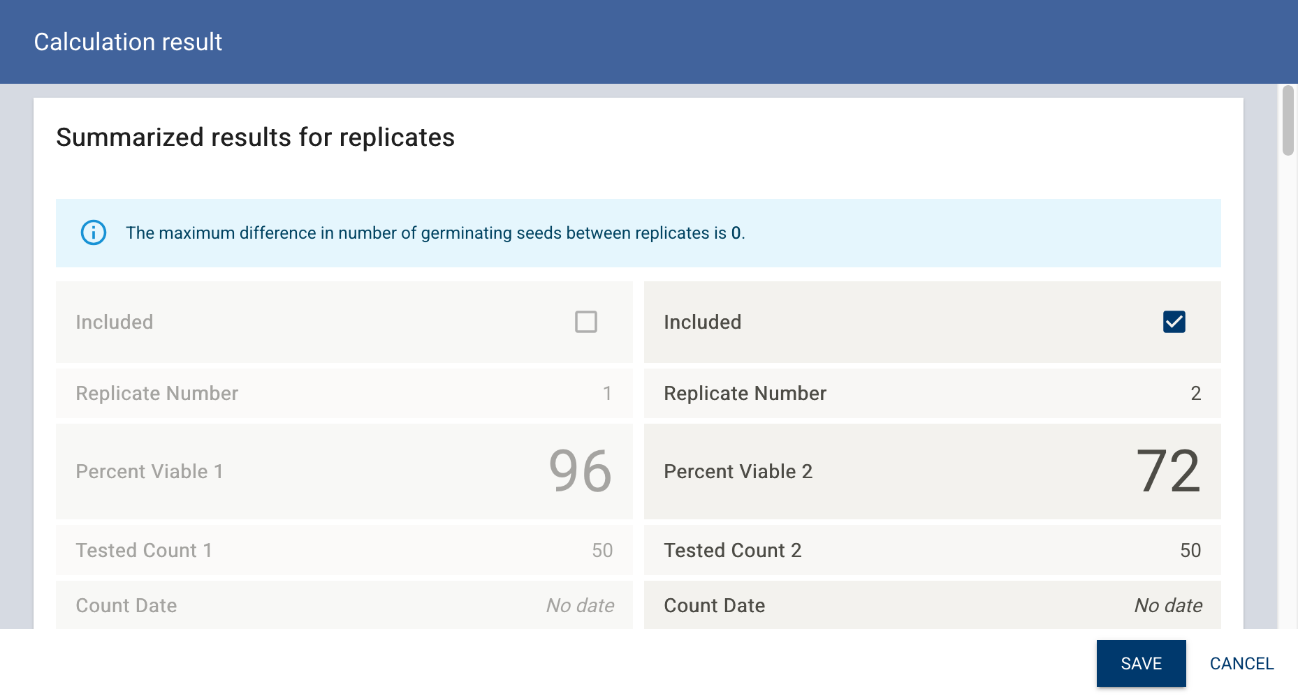 Viability test finish screen showing included checkboxes for replicates